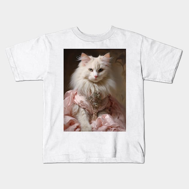 Long Haired White Cat in Pink Rococo Dress Kids T-Shirt by kansaikate